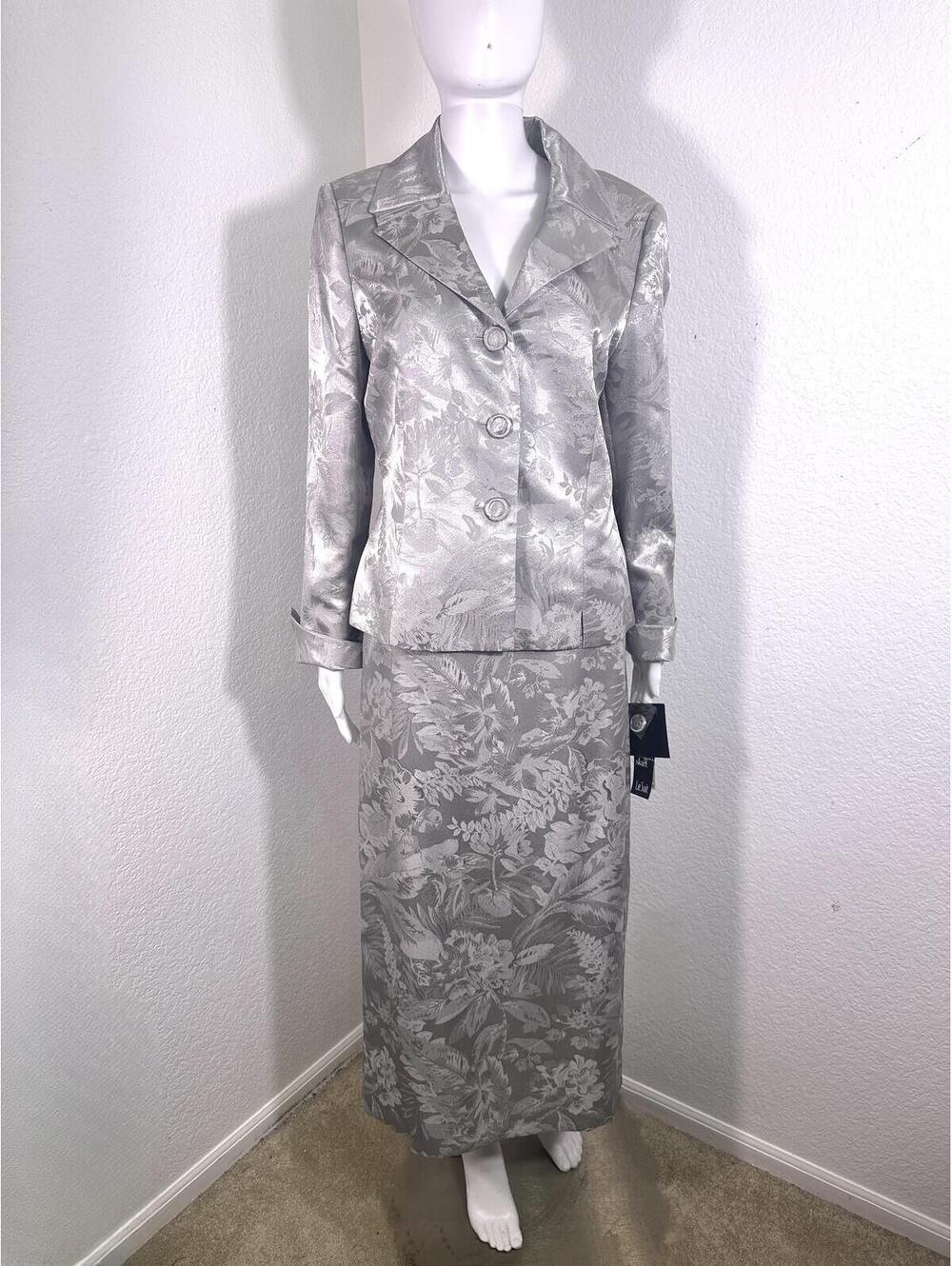 Sz 12 Silver Jacquard Le Suit Blazer & Long Pencil Skirt Office
